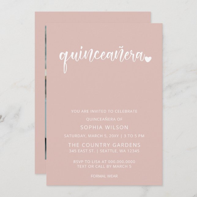 Rose Gold Blush Simple Script Quinceanera Photo  Invitation (Front/Back)