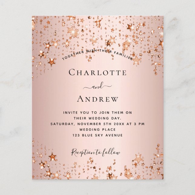 Rose gold blush stars budget wedding invitation flyer (Front)
