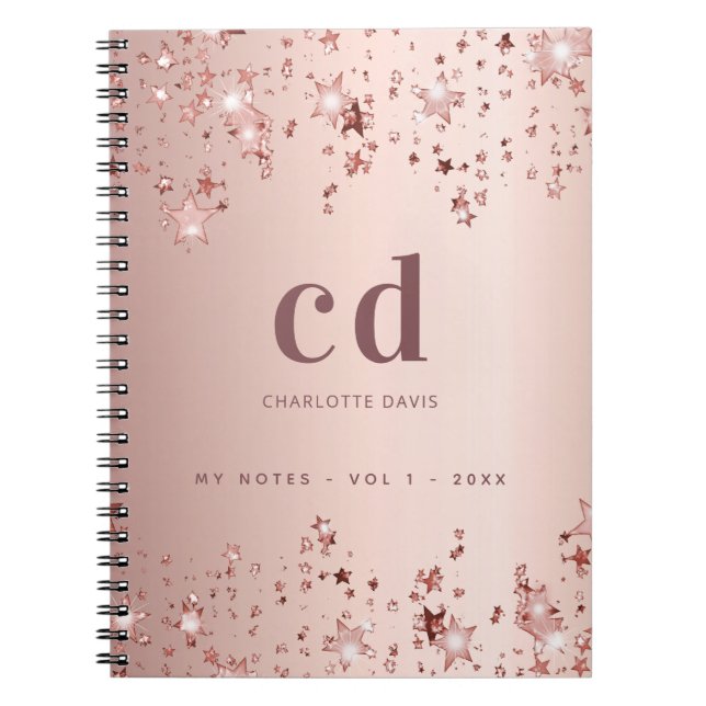 Rose gold blush stars monogram initials notebook (Front)