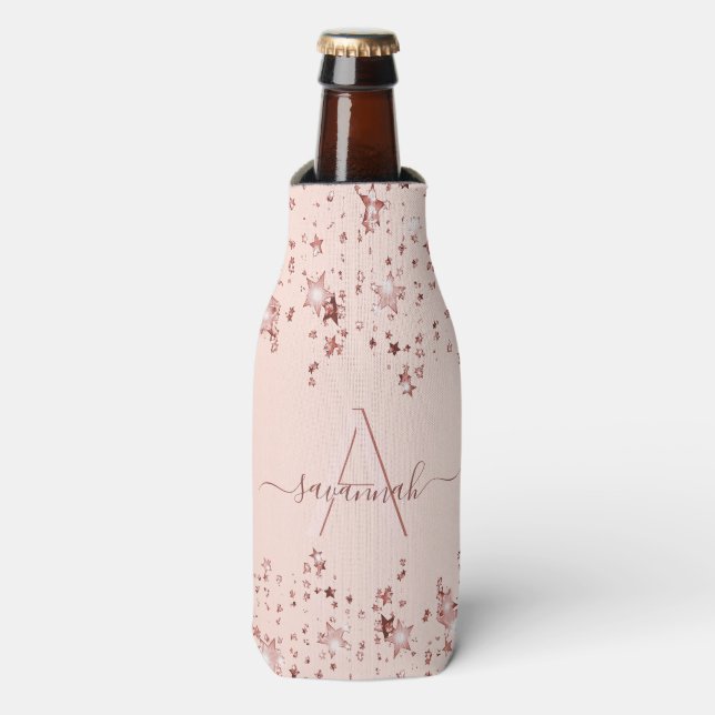 Rose gold blush stars monogram party bottle cooler (Bottle Front)