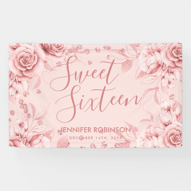 Rose Gold Blush Sweet 16 Glitter Confetti Floral Banner (Horizontal)