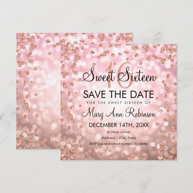 Rose Gold Blush Sweet 16 Sixteen Glitter Lights Invitation (Front/Back)