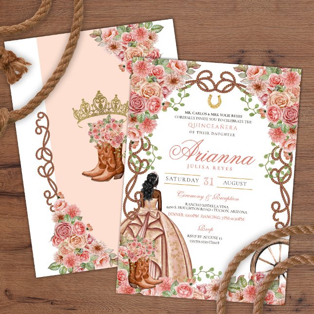 Rose Gold Blush Western Charra Rustic Quinceañera Invitation (Creator Uploaded)