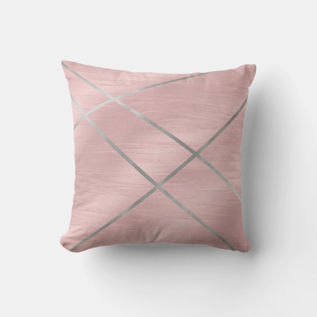 Rose Gold Blushing Pink & Silver Lines Cushion (Front)