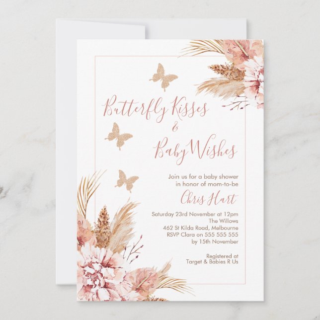 Rose Gold Boho Floral Butterfly Kisses Baby Shower Invitation (Front)