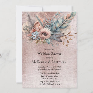 Rose Gold Boho Floral Feather Wedding Shower Invitation