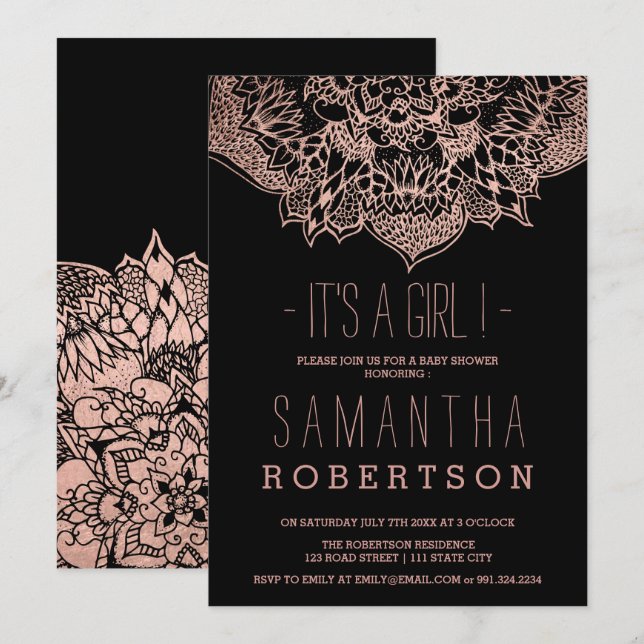 Rose gold boho floral mandala girl baby shower invitation (Front/Back)