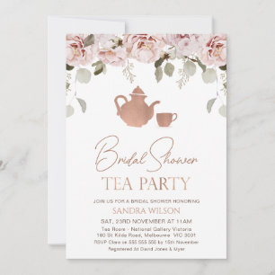 Rose Gold Boho Floral Tea Party Bridal Shower Invitation