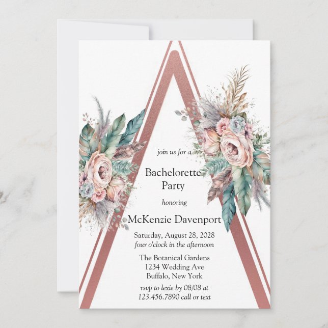 Rose Gold Boho Floral Triangle Bachelorette Party Invitation (Front)