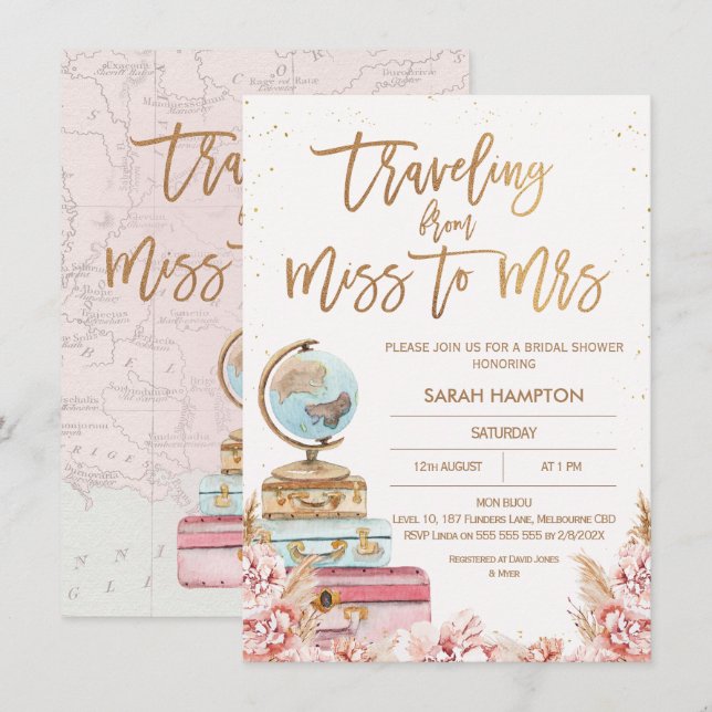 Rose Gold Boho Traveling Miss to Mrs Bridal Shower Invitation (Front/Back)