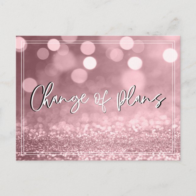 Rose Gold Bokeh Change of Plans Wedding Update Postcard (Front)