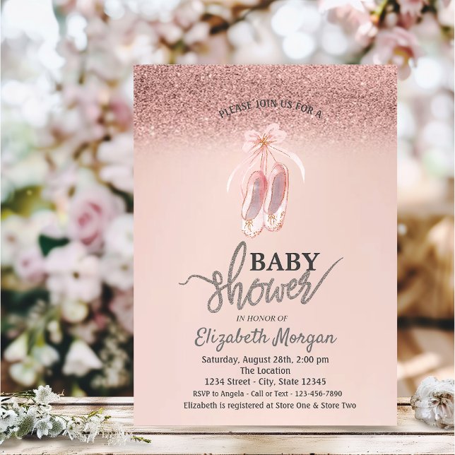 Rose Gold Bokeh,Flower Ballet Shoes Baby Shower Invitation (Creator Uploaded)