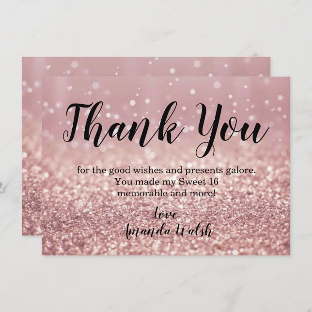 Rose Gold Bokeh Lights Sweet 16 Thank You Note Invitation (Front/Back)
