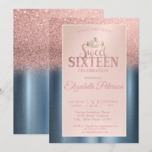 Rose Gold Bokeh Ombre,Tiara Blue Sweet 16 Party Invitation