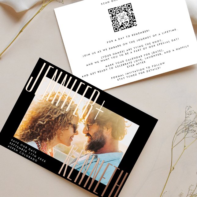 ROSE GOLD BOLD NAMES PHOTO QR CODE SAVE THE DATE (Creator Uploaded)