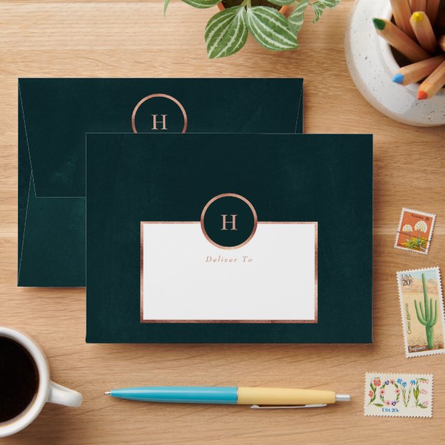 Rose Gold Border & Emerald Monogram Wreath Wedding Envelope (Desk)
