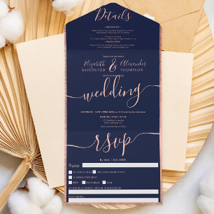 Rose gold border navy blue script wedding  all in one invitation