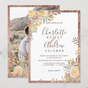 Rose gold border terracotta floral photo wedding invitation