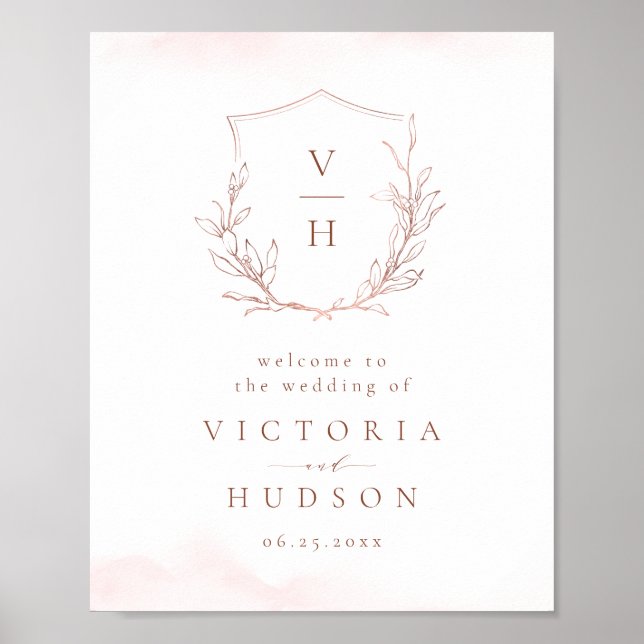 Rose gold botanical crest monogram wedding welcome poster (Front)