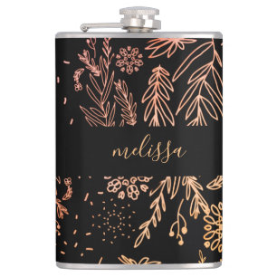 Rose Gold Botanical Doodle Pattern Signature Hip Flask