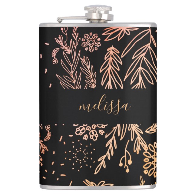Rose Gold Botanical Doodle Pattern Signature Hip Flask (Front)