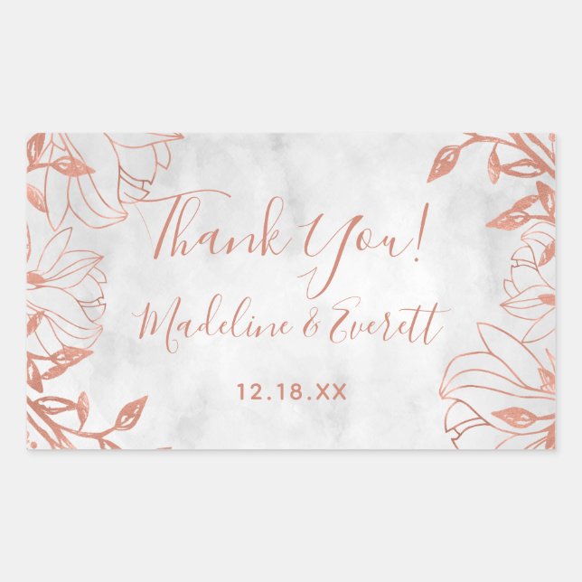 Rose Gold Botanical Floral Grey Wedding Thank You Rectangular Sticker (Front)