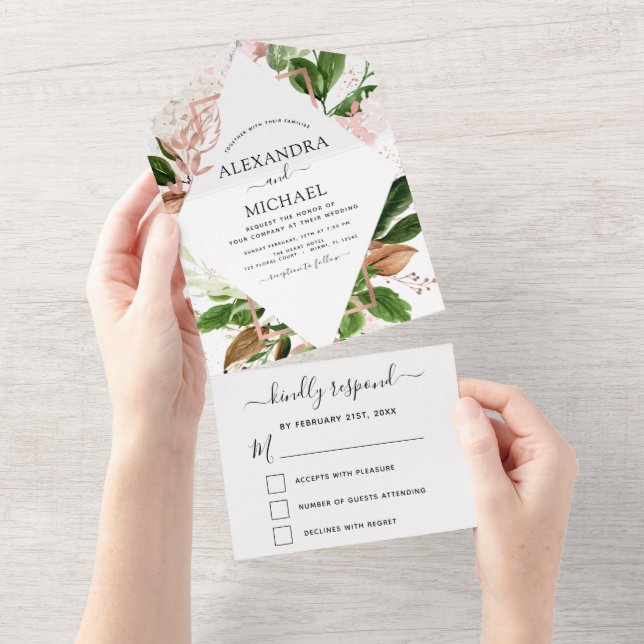 Rose Gold Botanical Greenery Wedding RSVP All In One Invitation (Tearaway)
