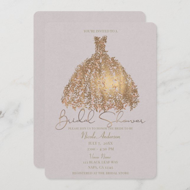 Rose Gold Botanical Leaves Dress Bridal Shower Invitation (Front/Back)