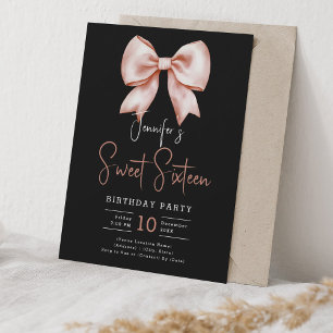Rose Gold Bow Coquette Script Sweet 16 Party Black Invitation