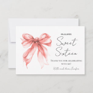 Rose Gold Bow Coquette Script Sweet 16 Thank You Card