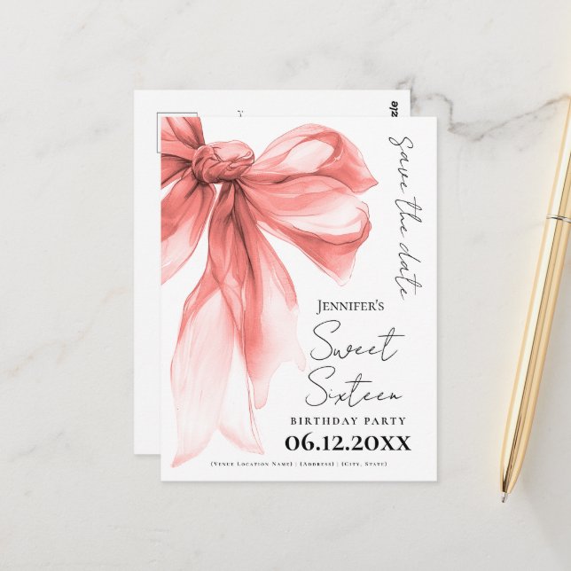 Rose Gold Bow Coquette Sweet 16 Save the Date  Postcard (Front/Back In Situ)