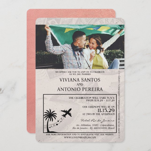 Rose Gold Brazil Passport Wedding Invitation (Front/Back)