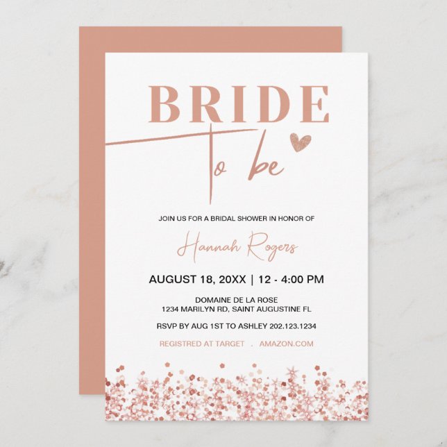 Rose Gold Bridal Bridal Shower, Bride to Be Invitation (Front/Back)