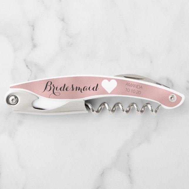 Rose Gold Bridal Party Girly Bridesmaid Heart Date Corkscrew (Front)