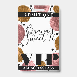 Rose Gold Bronze Balloons Sweet 16 Party VIP Pass ID Badge