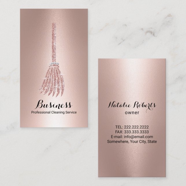 Rose Gold Broom Cleaning Service House Keeping  Business Card (Front/Back)