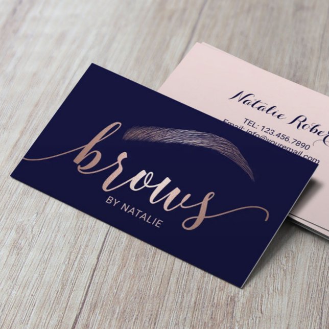 Rose Gold Brows Microblading Salon Typography Navy Business Card (Creator Uploaded)