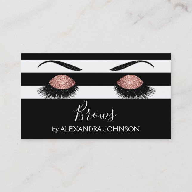 Rose Gold Brows with Black and White Stripe Business Card (Front)