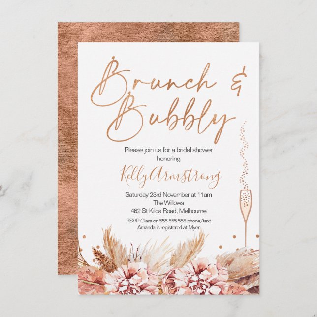 Rose Gold Brunch Bubbly Boho Bridal Shower Invitation (Front/Back)