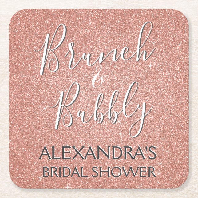 Rose Gold Brunch & Bubbly Bridal Shower Square Paper Coaster (Front)