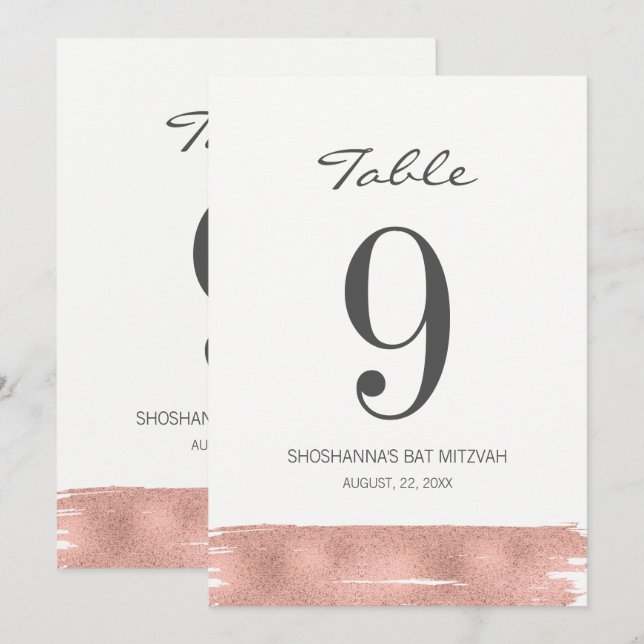 Rose Gold Brush Bat Mitzvah Table Number Card (Front/Back)