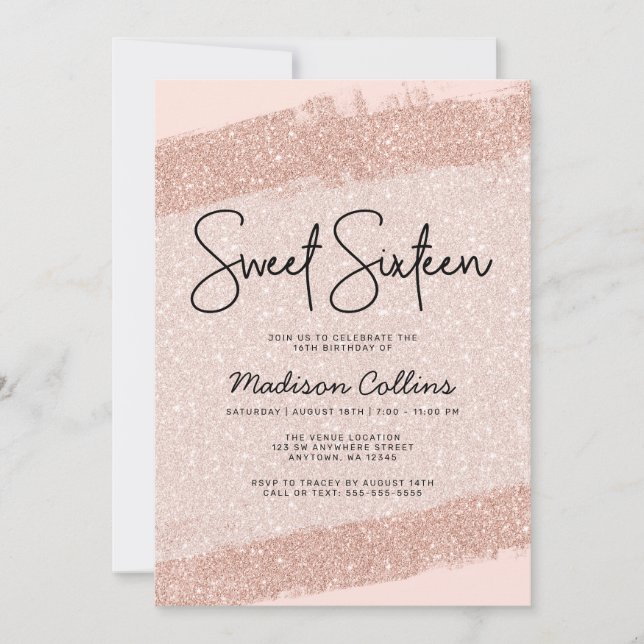 Rose Gold Brush Glitter Sweet 16 Invitation (Front)