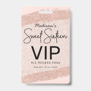 Rose Gold Brush Glitter Sweet 16 Invitation VIP ID Badge