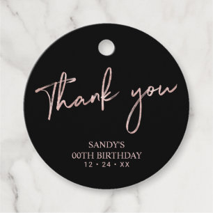 Rose Gold Brush Script Birthday Party Thank you Fa Favour Tags
