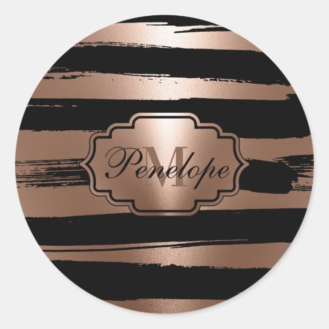 Rose Gold Brush Stripes Classic Round Sticker (Front)