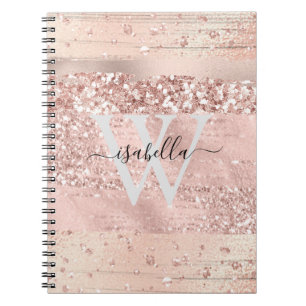 Rose Gold Brush Strokes Glitter Script Monogram No Notebook
