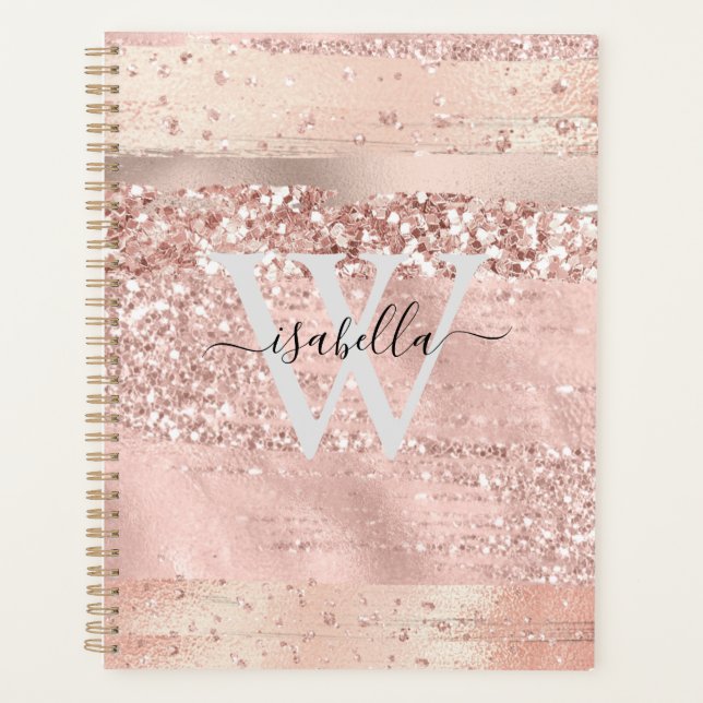 Rose Gold Brush Strokes Glitter Script Monogram Planner (Front)