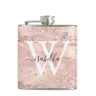 Rose Gold Brush Strokes Script Monogrammed Hip Flask
