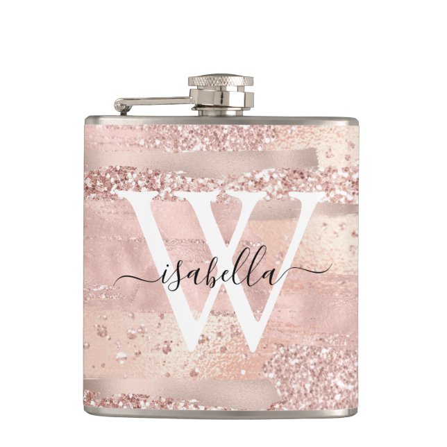 Rose Gold Brush Strokes Script Monogrammed Hip Flask (Front)