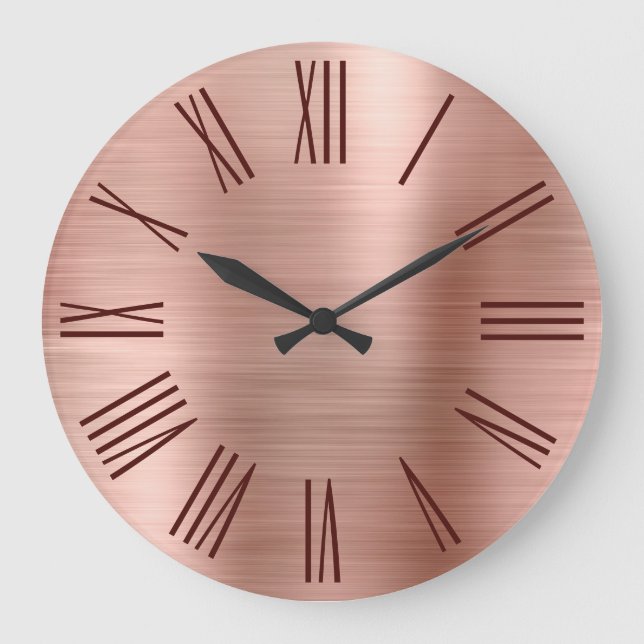 Rose Gold Brushed Foil Burgundy Roman Numerals Large Clock (Front)